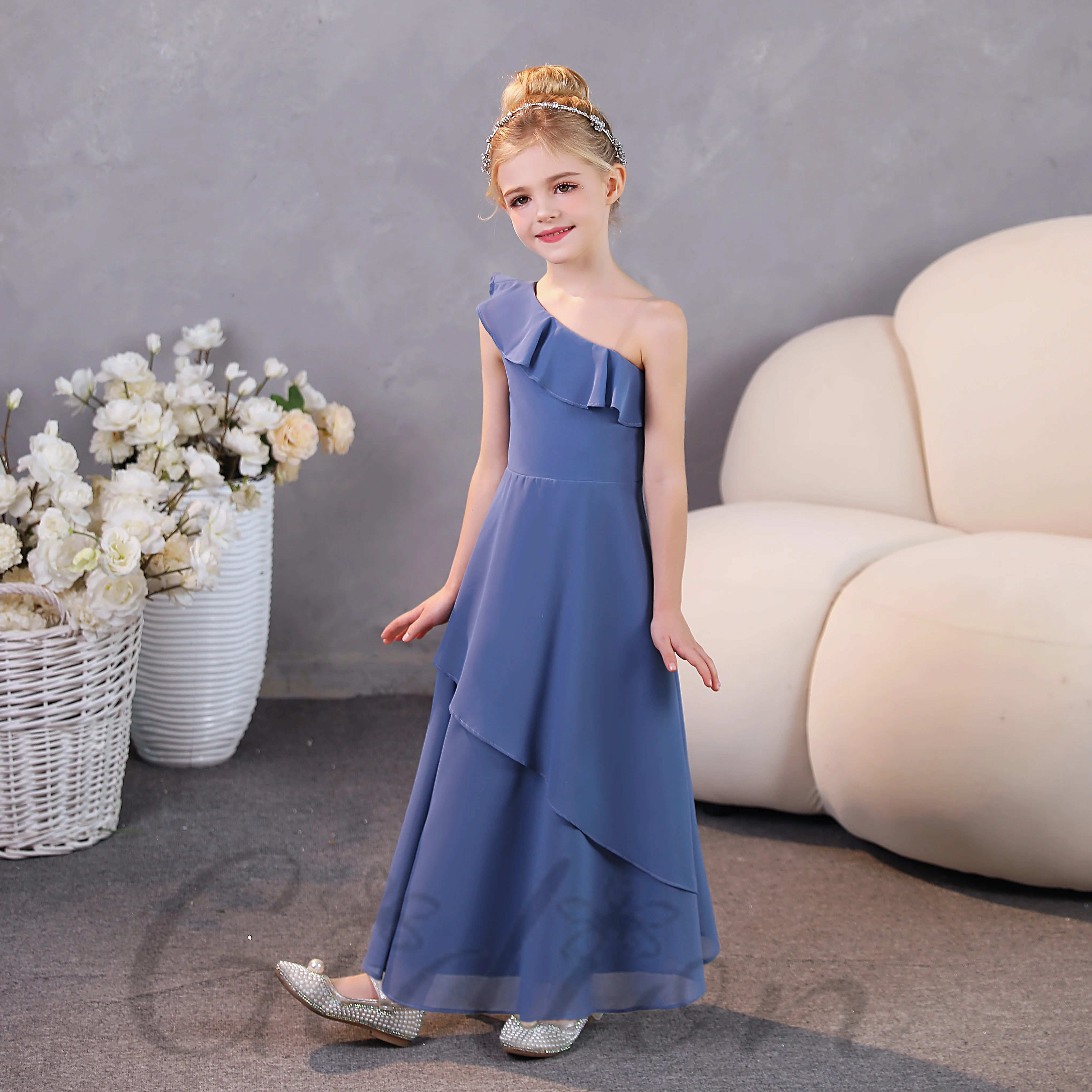 One-Shoulder Chiffon Junior Bruidsmeisje Jurk Voor Kinderen Bruiloft Prom Night Banketverkiezing Show Bal Avond-Jurk Elk Evenement Feest