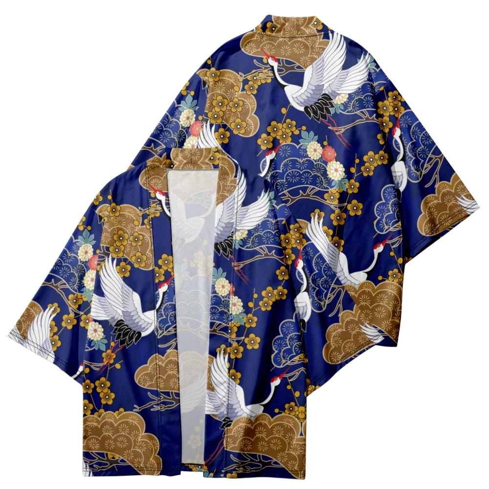 New Design Cartoon Crane Print Blue Kimono Japanese Traditional Streetwear Cardigan Robe Women Men Haori Top Yukata