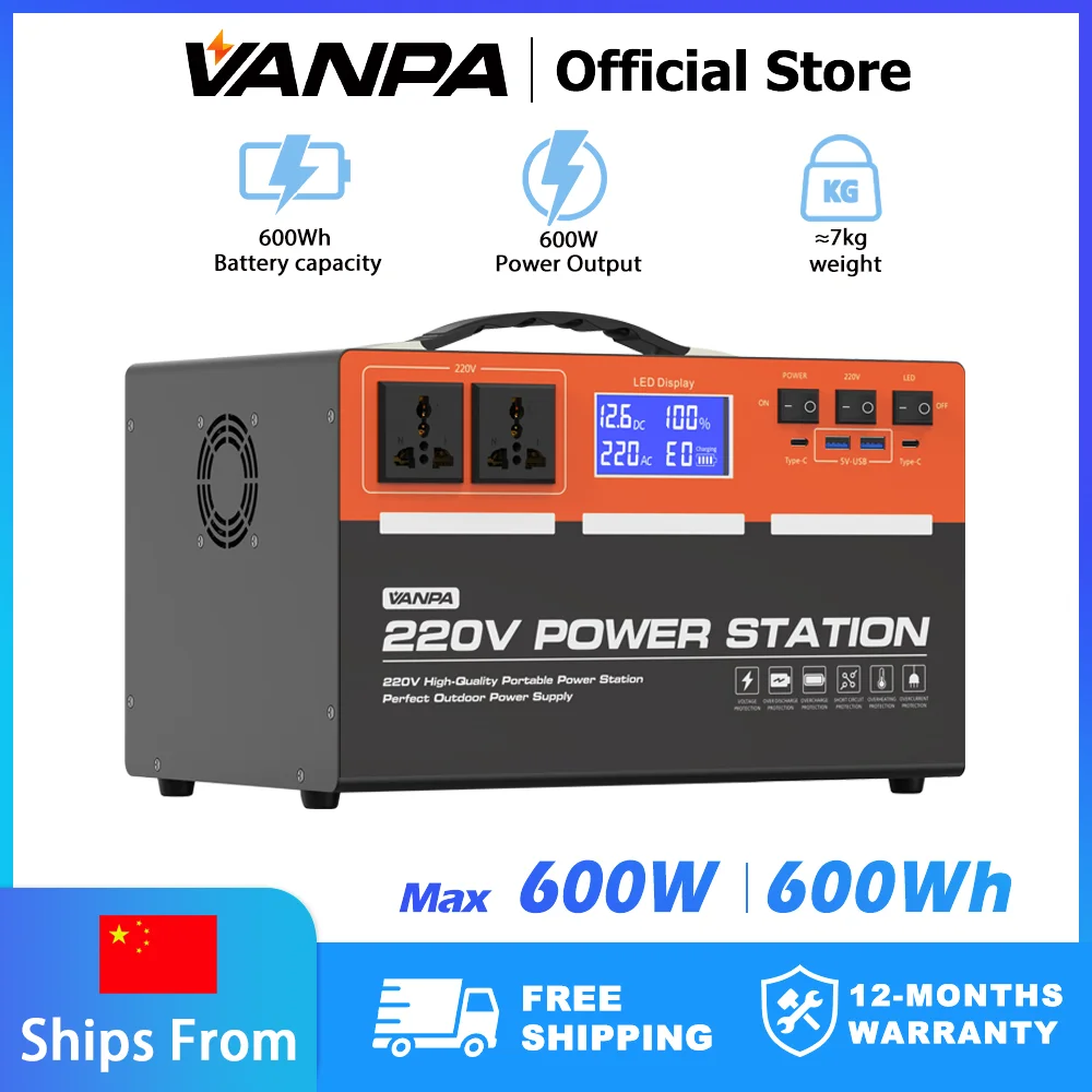 VANPA Generators Portable Power Station 600W Powerful Charging Station Power Bank Outdoor Camera Drone Energy Storage Camping