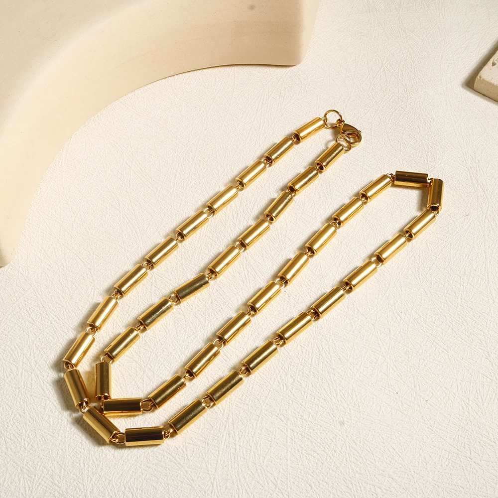 Punk Round Pipe Metal Necklace For Men Women High Polished Gold Color Plated Stainless Steel Jewelry Sets Couple Bracelet Gift