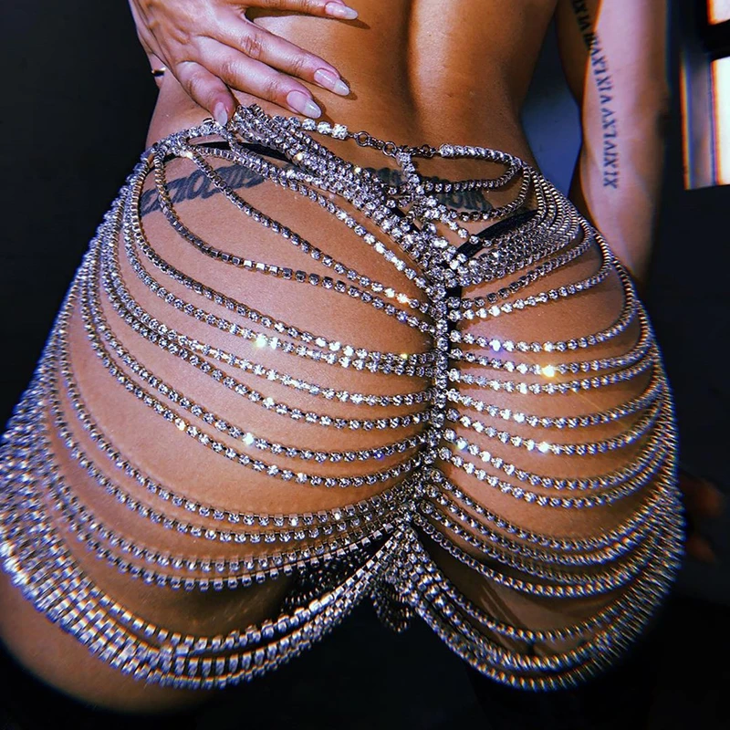 

2022 Shiny Crystal Body Chain Package Hip Skirt Women Summer Handmade Rhinestones Sexy Party Nightclub Shorts Skirts Outfit