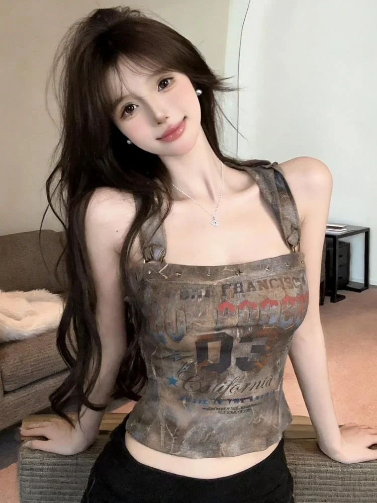 Retro Sexy Girl Wasteland Style Distressed Hooded Tube Top Women's Summer Unique Rivet Vest Thin Printed Single Piece