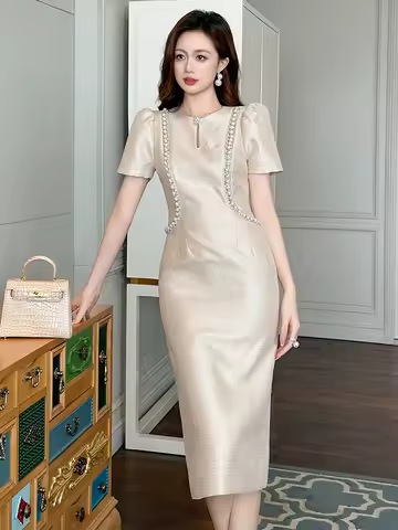 Elegant Evening Dress Women Retro Pearl Diamond Hollow Slim Fit Formal Robe FemaleParty Banquet Vestidos Mujer