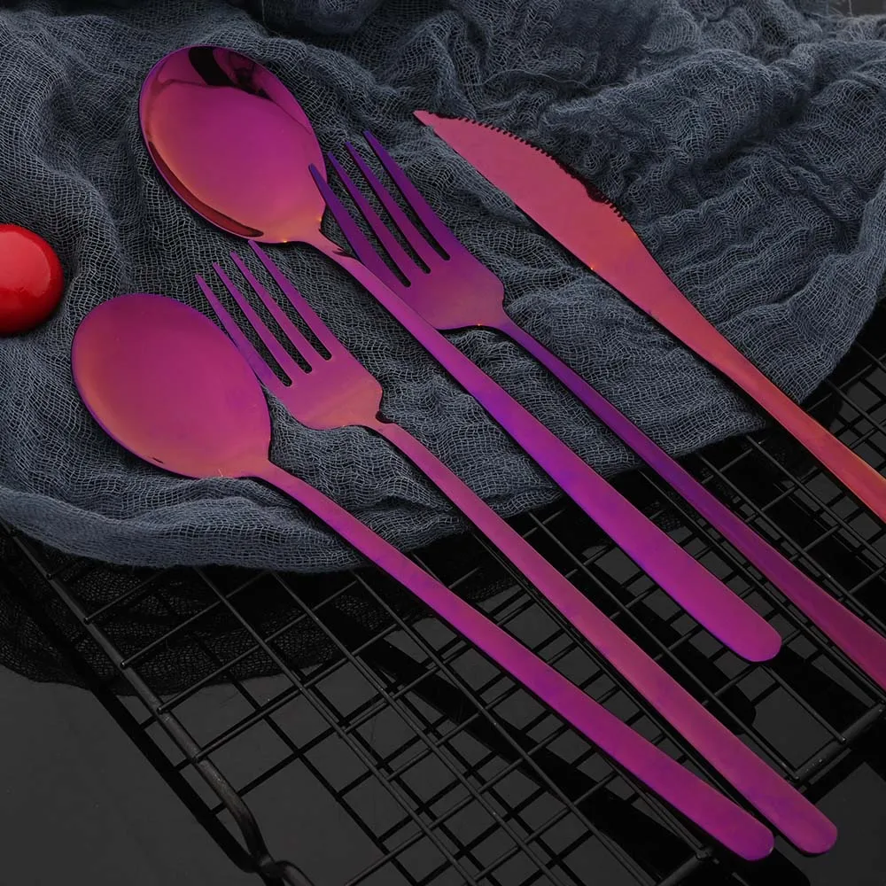 5Pcs Purple Dinnerware Set Western Tableware 18/10 Stainless Steel Dessert Fork Knife Spoon Cutlery Set Home Party Flatware Set