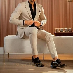 Fashion 2024 Costume Slim Fit Men Suits For Men 2 Piece Beige Wedding Groom Tuxedo Male Jacket With Pants Custom Made