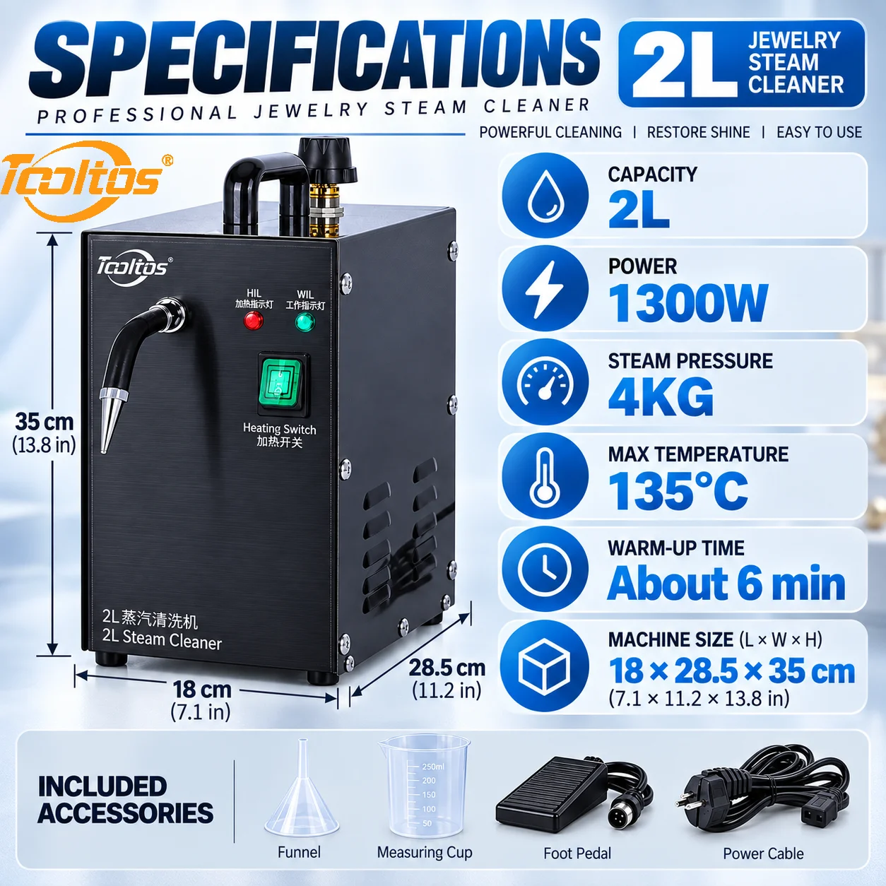 TOOLTOS 2L Jewelry Steam Cleaner 1300W 4 Bar 135°C Foot Pedal Gold Silver Diamond Cleaning Machine 110V 220V