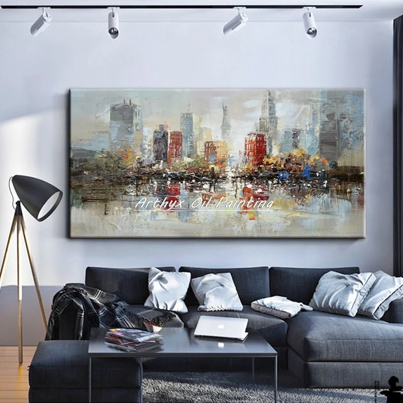 Arthyx,Handpainted City Landscape Oil Paintings on Canvas,Architecture Building Posters,Wall Picture,Living Room Home Decoration