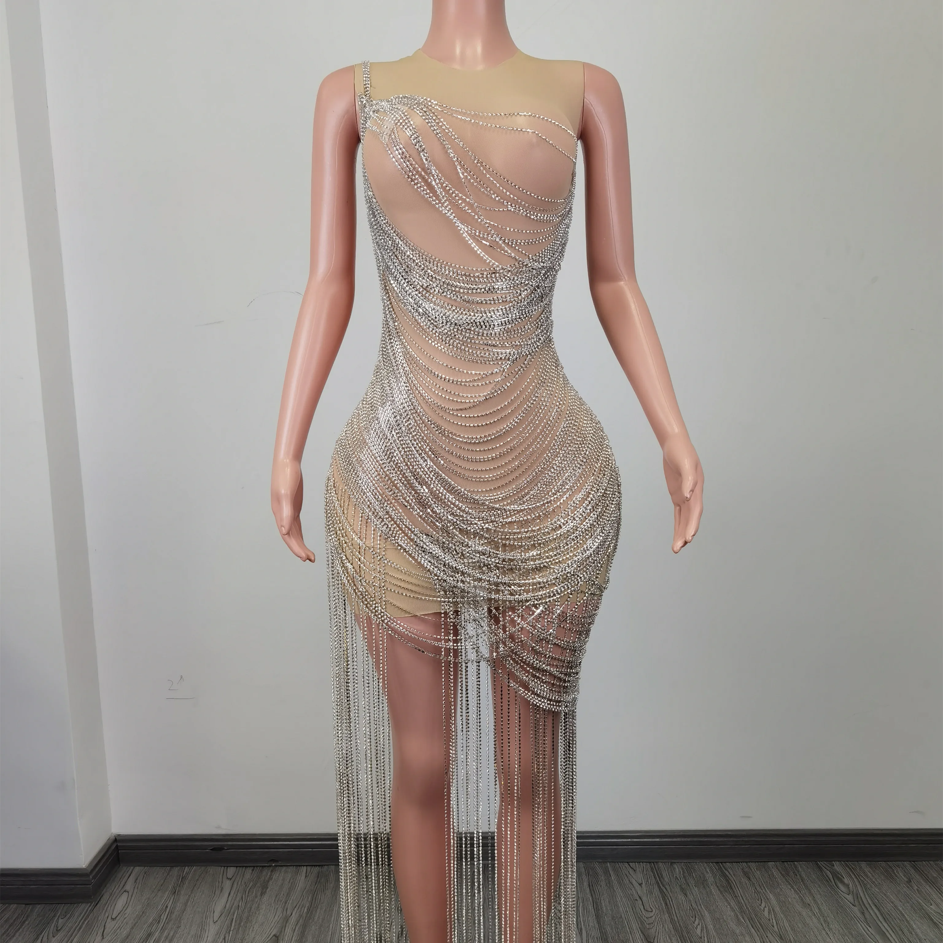 高級メッシュシースルーノースリーブラインストーンタッセルミニドレス女性用プロムガウンナイトクラブパーティーボディコンドレスストリッパー衣装