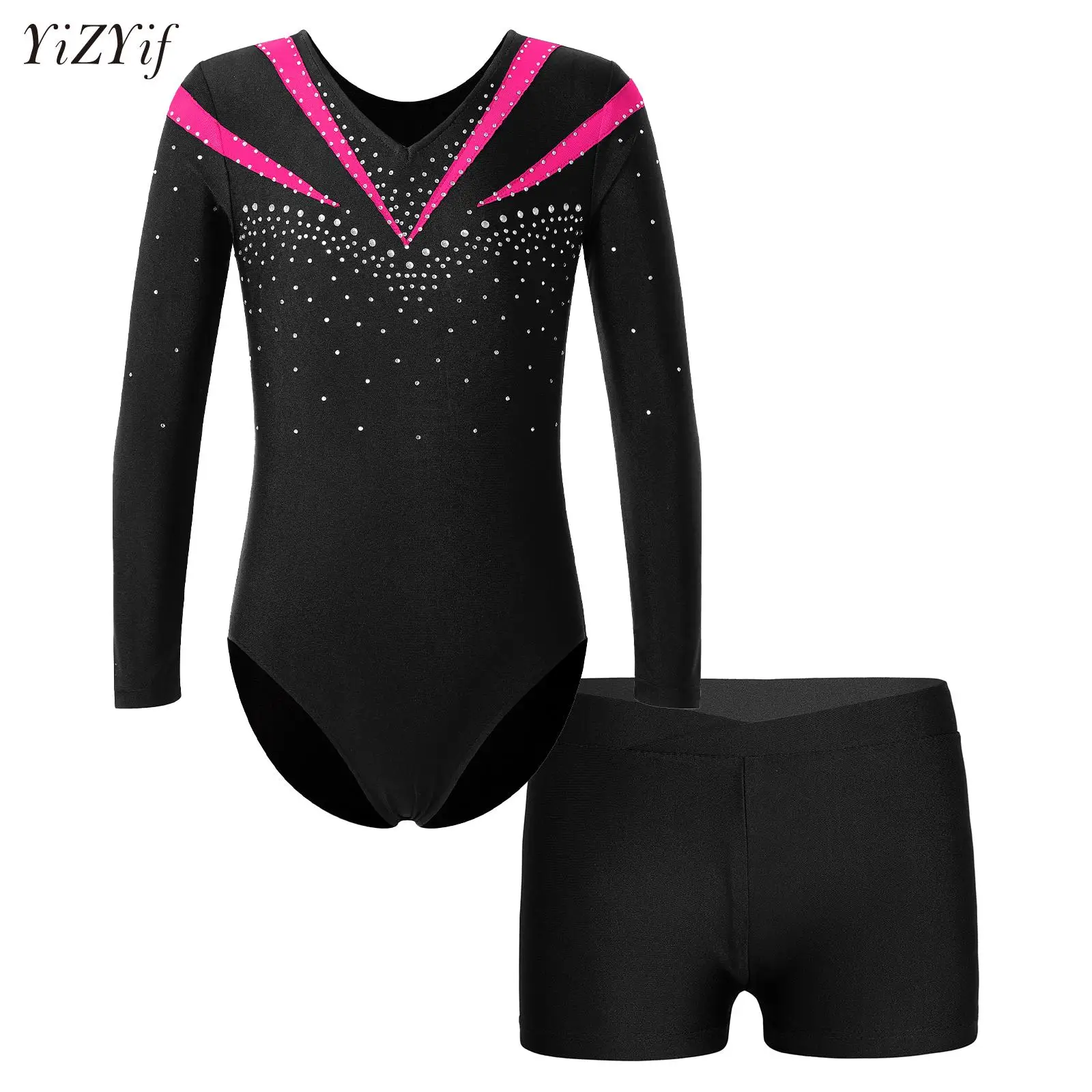 

Kids Girls Ballet Gymnastics Dance Sets Figure Skating Performance Costume Rhinestones Leotard with Shorts Yoga Sports Suit