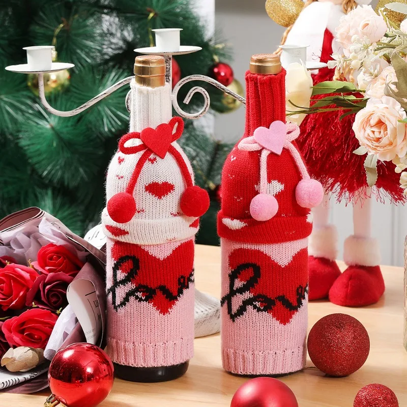 

2/4 шт. вязаный чехол для бутылки вина, праздничное украшение на день Святого Валентина, украшение для бутылки красного вина, семейное праздничное украшение