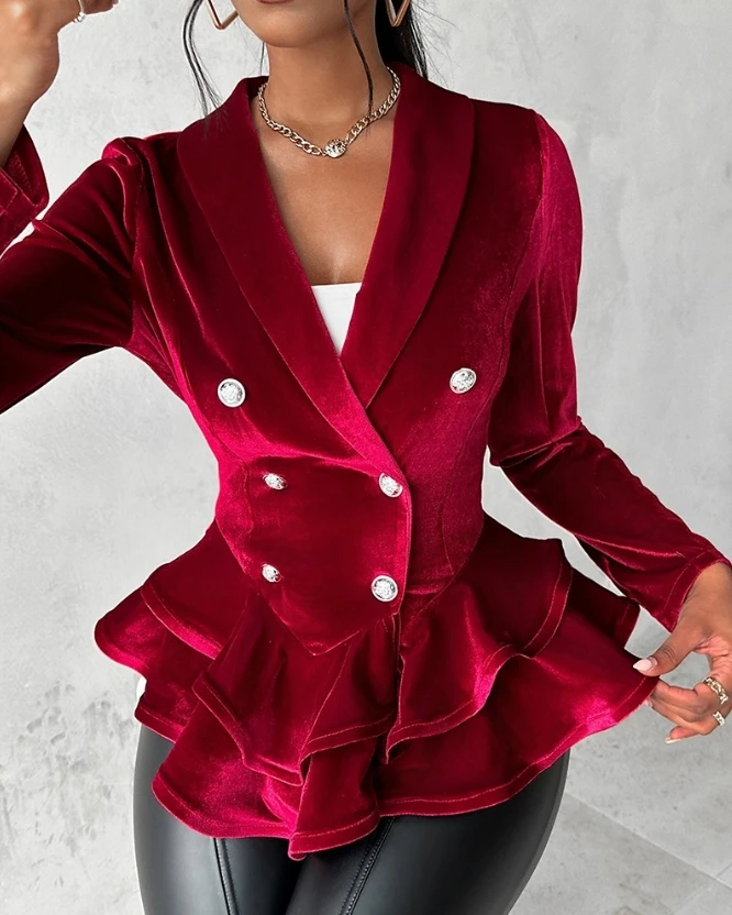 Double Breasted Fluwelen Ruches Rand Pak Jas 2023 Nieuwe Mode Hot Selling Dames Herfst En Winter Lange Mouwen Bovenkleding