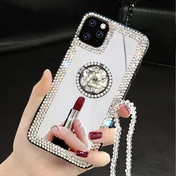 Mirror Diamond Case for iPhone 17 16 15 14 12 11 Pro MAX XS XR Plus 13 Mini Ring Kickstand Soft Silicone Bling Jewelled Cover