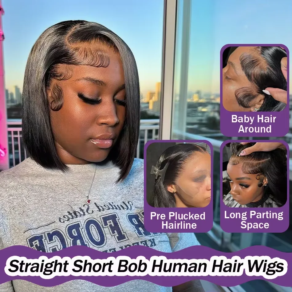 Perruque Bob en cheveux humains, densité 200%, avec frontal en dentelle HD 13x4, courte et droite, pré-épilée, pour femmes noires, couleur noir naturel, ultra-lisse
