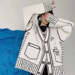 Sweater Women's New Autumn and Winter Black and White Silhouette Painting Graffiti Loose and Lazy Cardigan Jacket Knitted Top