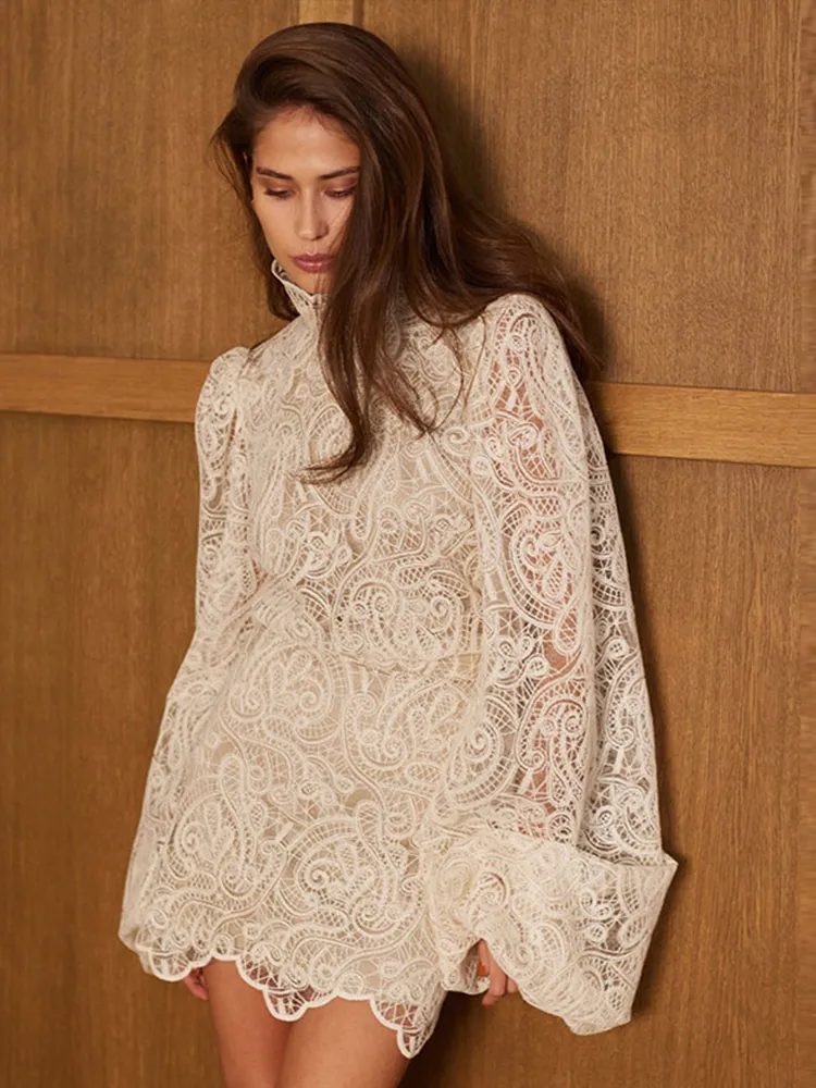 Elegante pizzo retrò scava fuori top da donna gonne set moda girocollo manica a sbuffo top donna nuovo set gonna corta slim fit