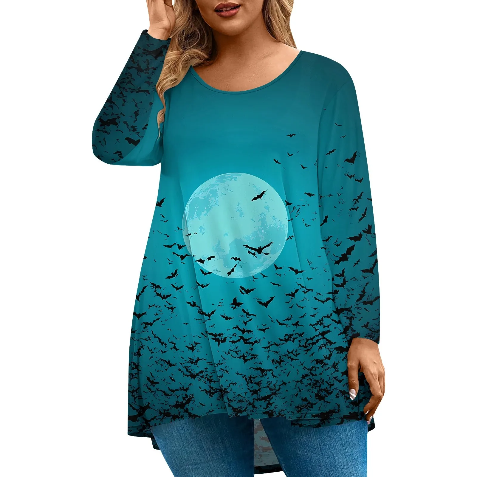 Plus Size Halloween Print T-Shirt for Women Fashion Round Neck Long Sleeve Casual Loose Pullover Top Halloween Party Costumes