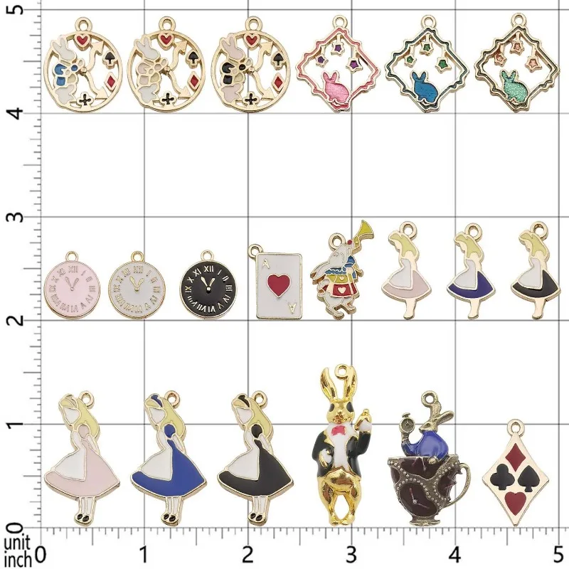 19PCS Assorted Gold Plated Enamel Alice Wonderland Wreath Charm Pendant DIY for Necklace Bracelet Jewelry Making and Crafting