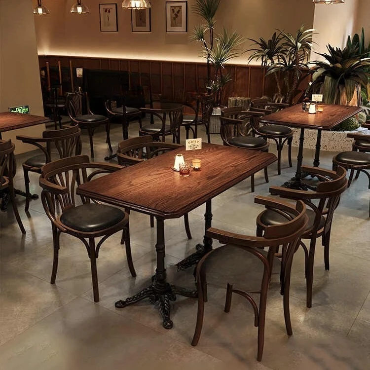 Retro cafe table and chair combination Western restaurant Milk tea shop Solid wood  Dessert shop Qingba