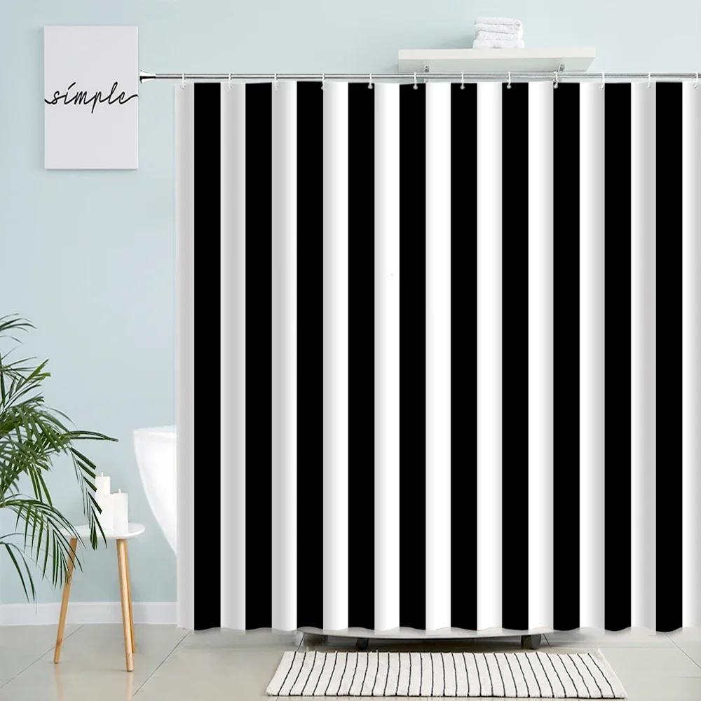 Black and White Striped Shower Curtain Creative Design Geometric Bath Curtains Modern Minimalist Fabric Bathroom Decor Set Hooks