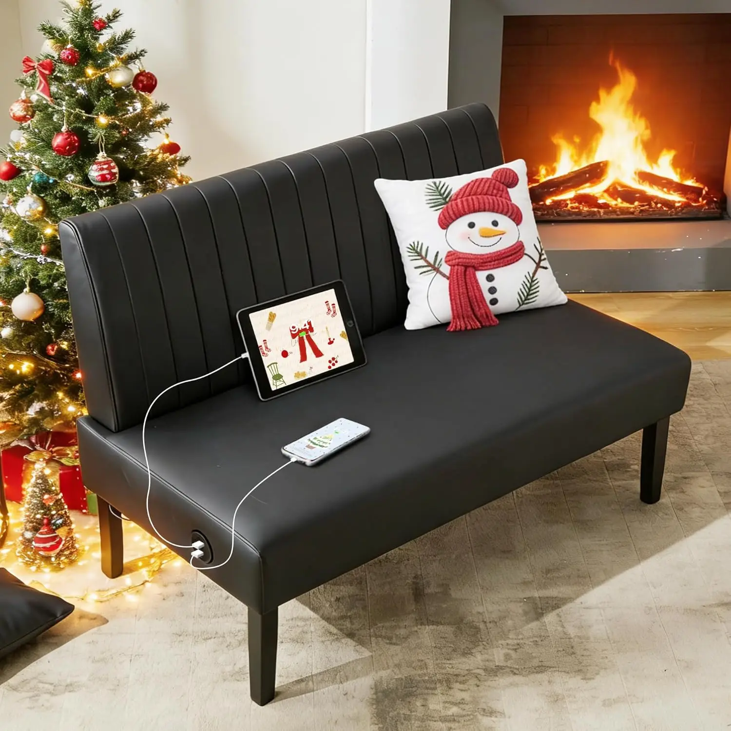 

43" Mini Small Black Leather Couch Armless Loveseat Sofa for Bedroom with USB Port, Small Couches for SmallSpaces Living Room