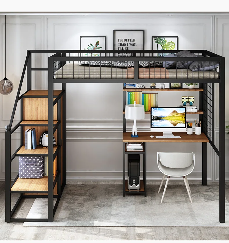 Small apartment wrought iron elevated bed pavilion space saving multi-functional loft desk wardrobe combination upper bed