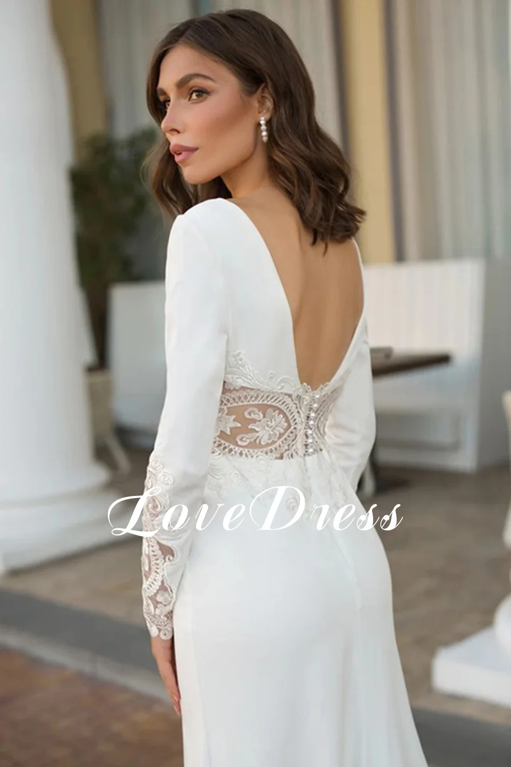 LoveDress Elegant Deep V-Neck Wedding Dresses Long Sleeves Split Lace Appliques Beach Spandex Bride Gowns Backless Button Train