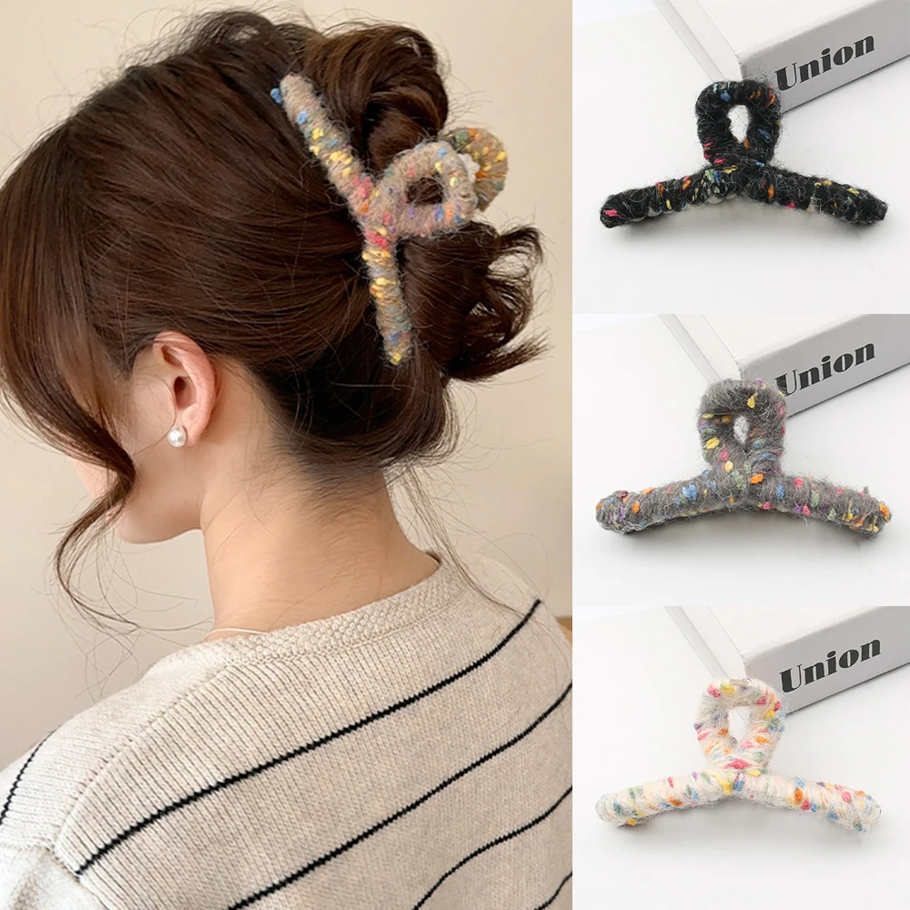 Retro Autumn and Winter Colored Wool Knitted Hair Claw Fashion Korean Shark Clip Handmade Female Hair Clip Hair Accessories