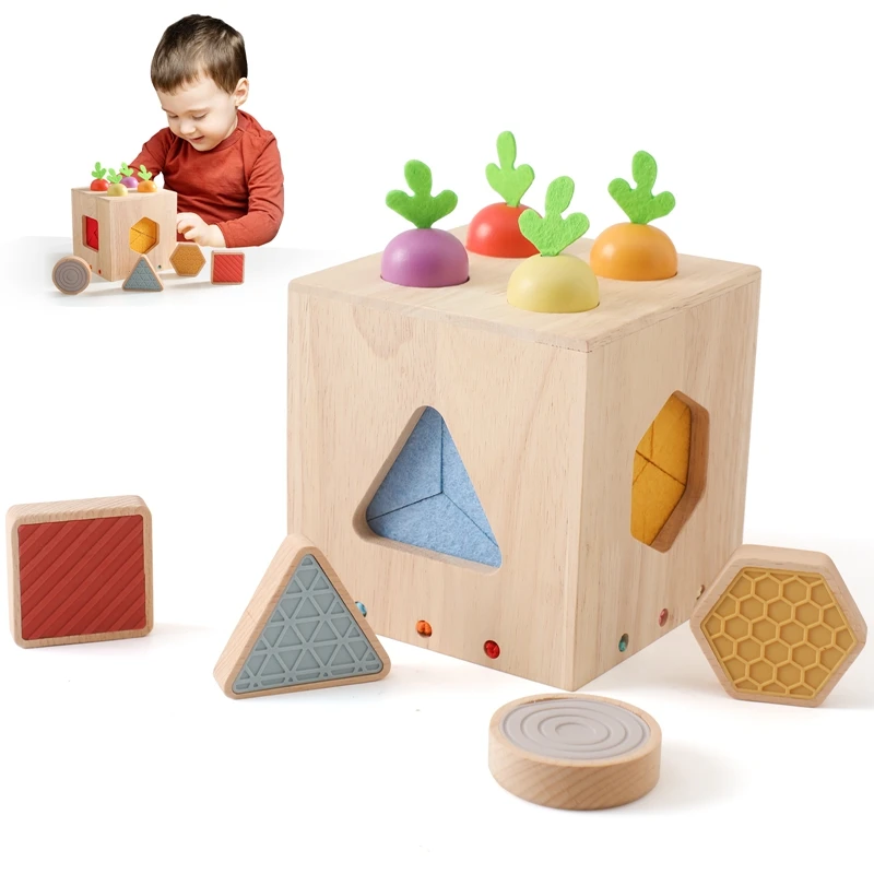 

Baby Wooden Silicone Touch Radish Blocks Box Toys Color Recognition Pretend Game Removable Exercise Hands Skills Montessori Toys