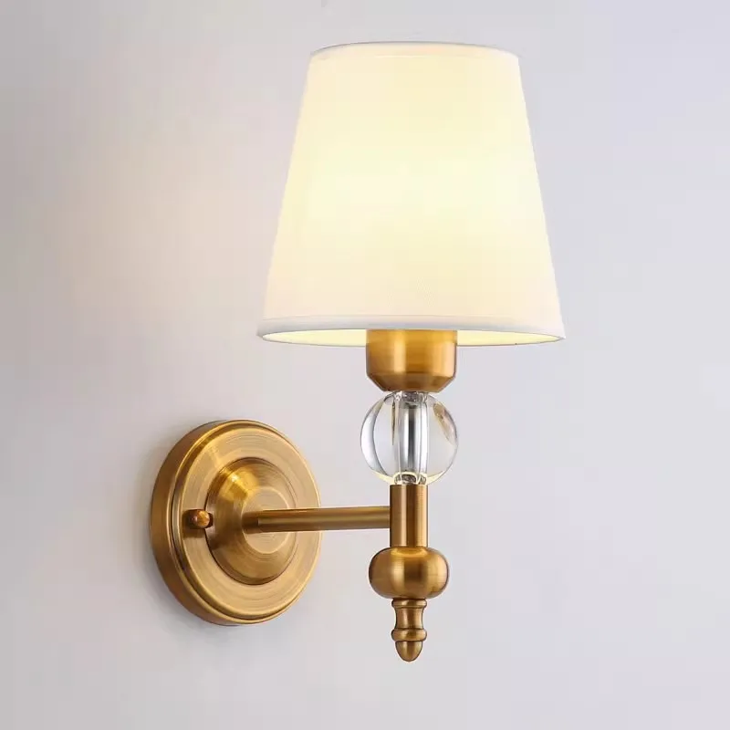 European Style Copper color Wall Light Living Room Bedroom Bedside Lamp Mirror Front Lamp Aisle Fabric Lamp