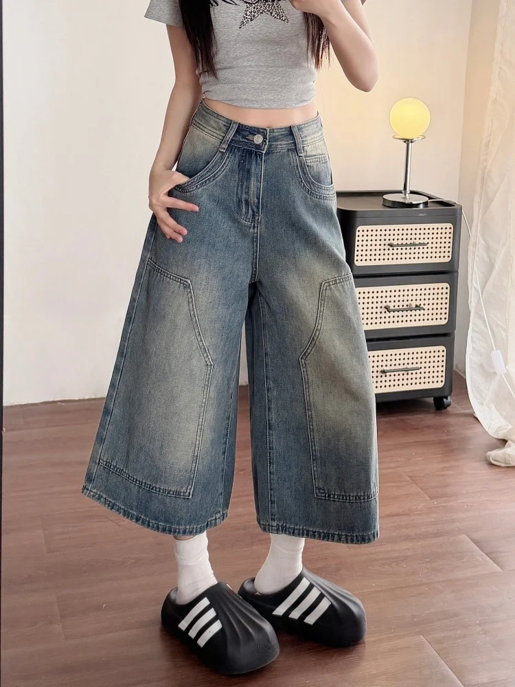 

American Style Wide Leg Denim Jeans Women's Summer New plus Size Loose Slimming Pear Shape Straight Short Pants
