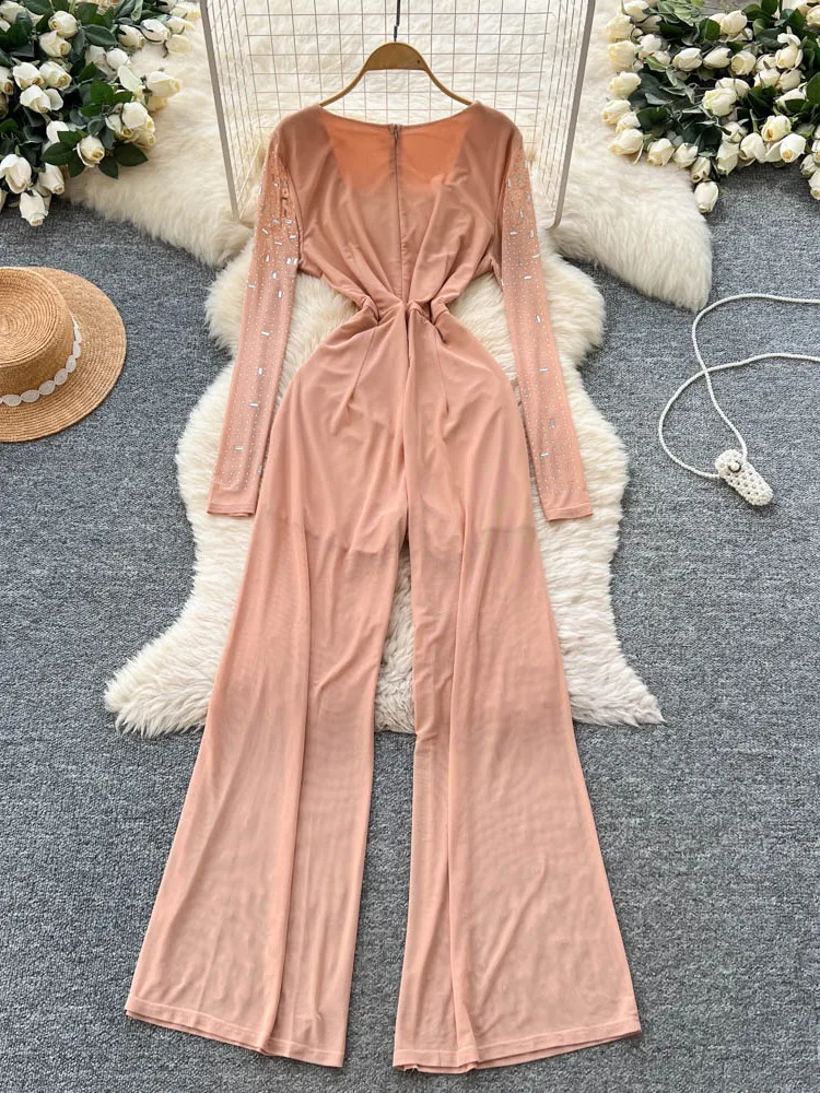 

Faionable Heavy-Du комбинезон с длинными рукавами и стразами, женские утягивающие повседневные длинные брюки с высокой талией, драпировка Me