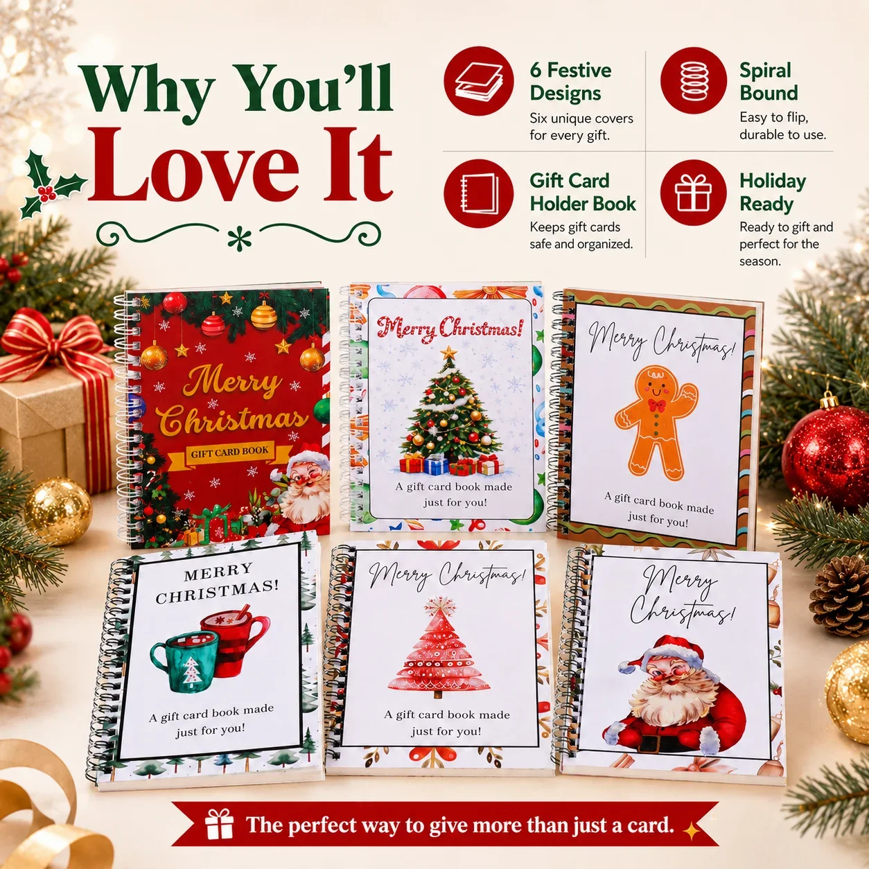 Weihnachts-Geschenkkartenbuch, 6 niedliche Weihnachtsmotive, Spiralbindung, Kartenhalter-Organizer, tragbar, kreatives Geschenk für Büro und Feiertage – Detail 5