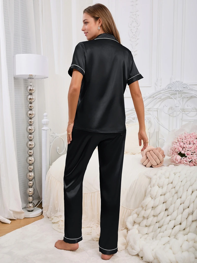 Luxuriöses seidiges 2-teiliges Pyjama-Set für Damen, Satin, kurzärmelig, Brusttasche, Revers, Oberteil und lange Hose, einfarbig, Nachtwäsche – Detail 14