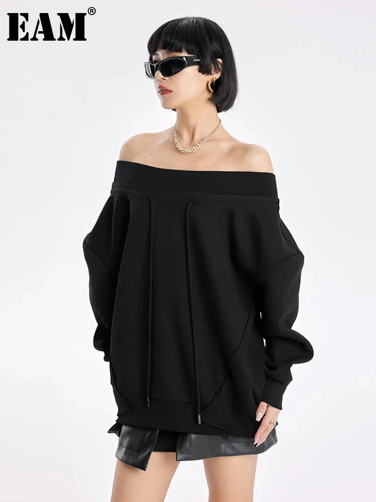 [EAM] Black Irregular Hem Elegant Sweatshirt New Slash Neck Long Sleeve Women Big Size Fashion Tide Spring Autumn 2023 1DH8281