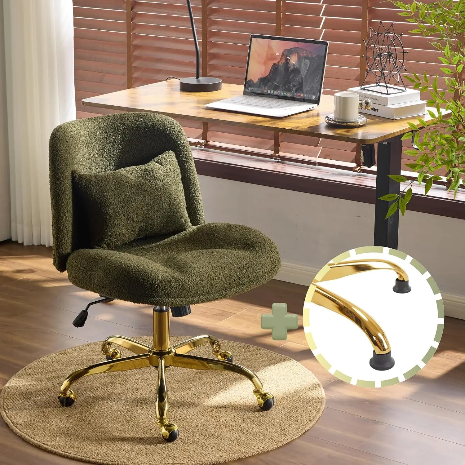 Wide Criss Cross Office Chair Ergonomic Pillow & Gold Base Adjustable Swivel Chair Bedroom Home Office Customized