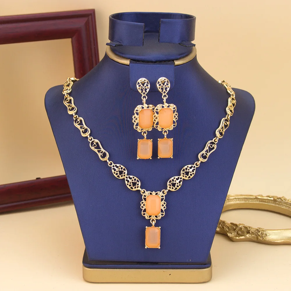 Marokko Stil Halskette Ohrring Set Für Frauen Luxus Arabisch Rot Grün Kristall Quadrat Anhänger Hals Chian Braut Schmuck – Detail 7