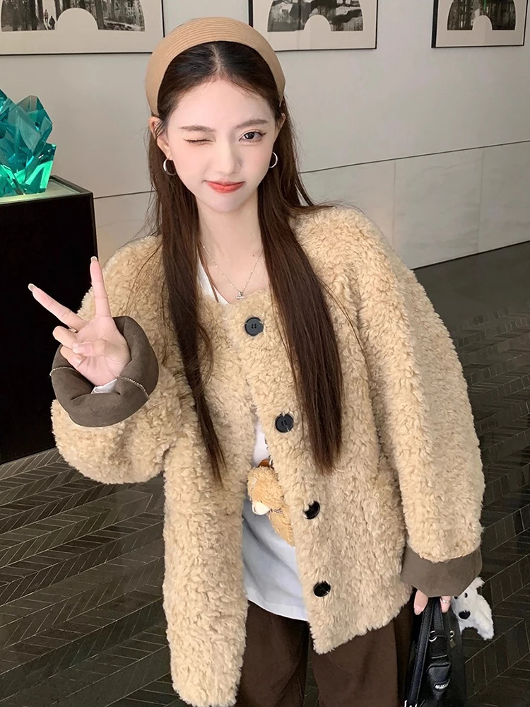

Милое теплое пальто из искусственного ягненка, женская свободная милая зимняя куртка в консервативном стиле, повседневная винтажная верхняя одежда с круглым вырезом и длинными рукавами в Корейском стиле с карманами