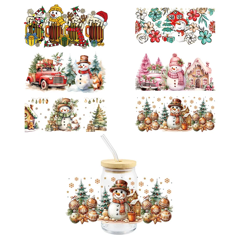 

Christmas UV DTF Wrap Transfer Stickers Cartoon Snowman Design Waterproof Wrap For Glasses Cups Mugs Colorful Decal