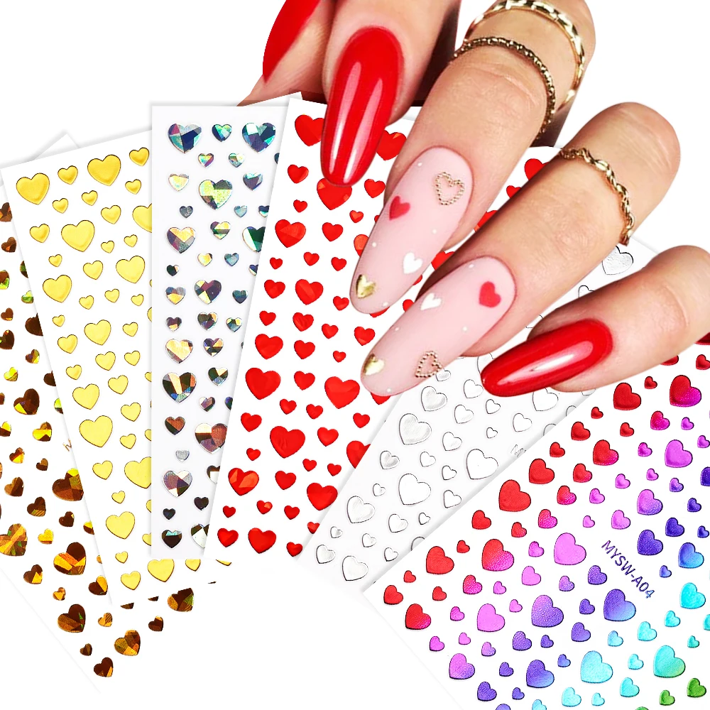 8Pcs/set 3D Black White Love Heart Nail Stickers Valentine's Day Colorful Heart Nail Decals Self-Adhesive Red Love Nail Slider
