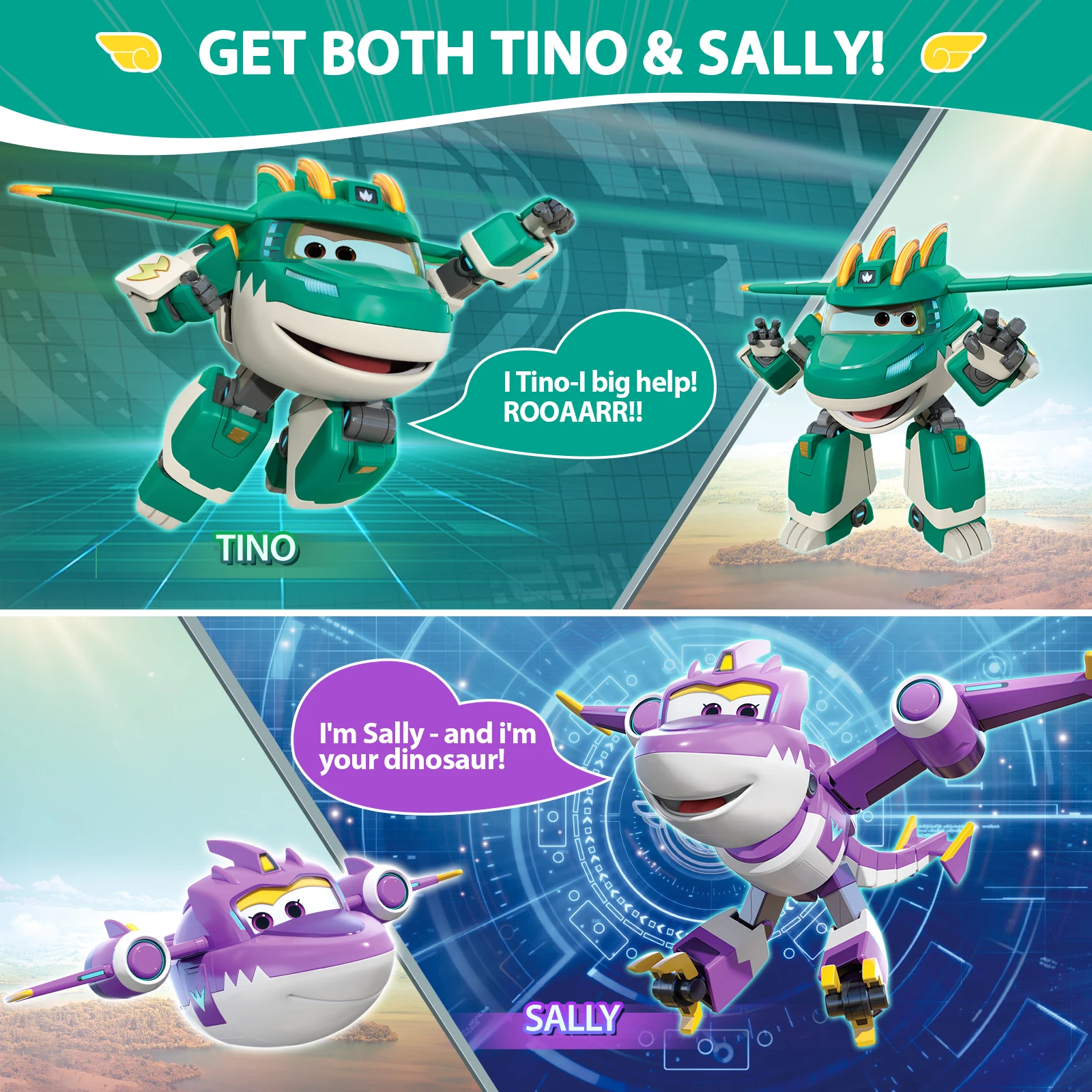 Super Wings 5-in-1 Tino & Sally Transformable Playset, 2-in-1 Airplane Rescue Bots Toy for Kids 3-6, Plane Figures for Toddlers