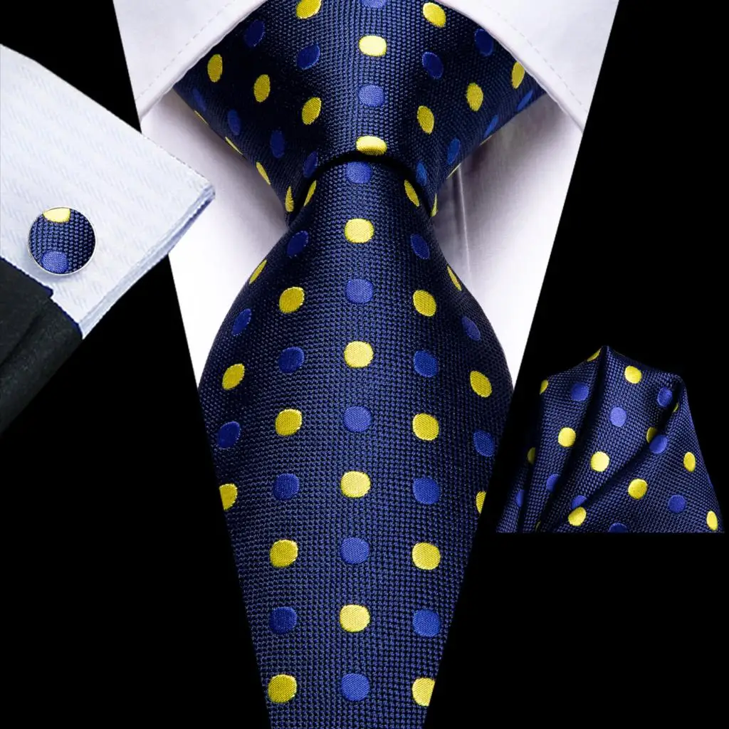 

Navy Blue Yellow Dot Design Silk Wedding Tie For Men Handky Cufflink Gift Mens Necktie Fashion Business Party Dropshiping Hi-Tie