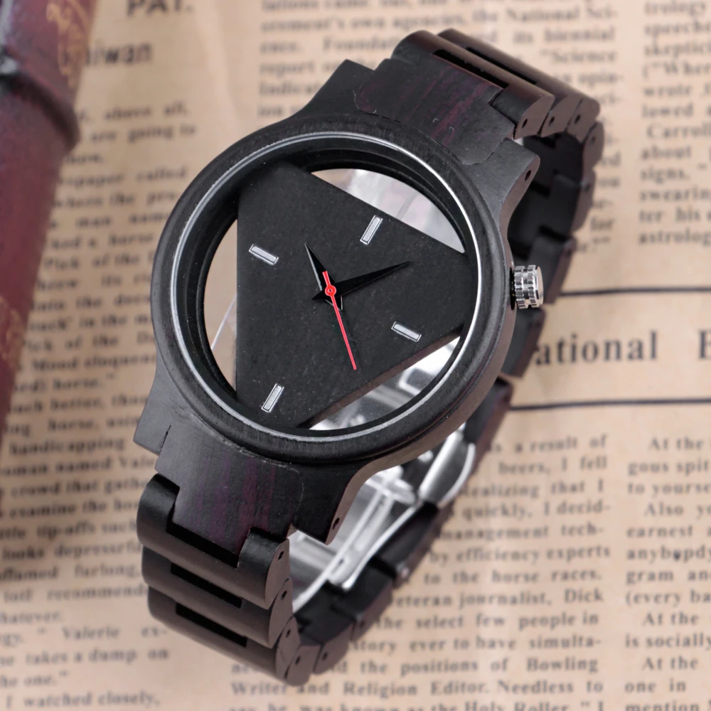 New Black Triangular Hollow Wooden Quartz Watch with Steampunk Design Fashionable and Casual Men's Accessories, Wooden Watch