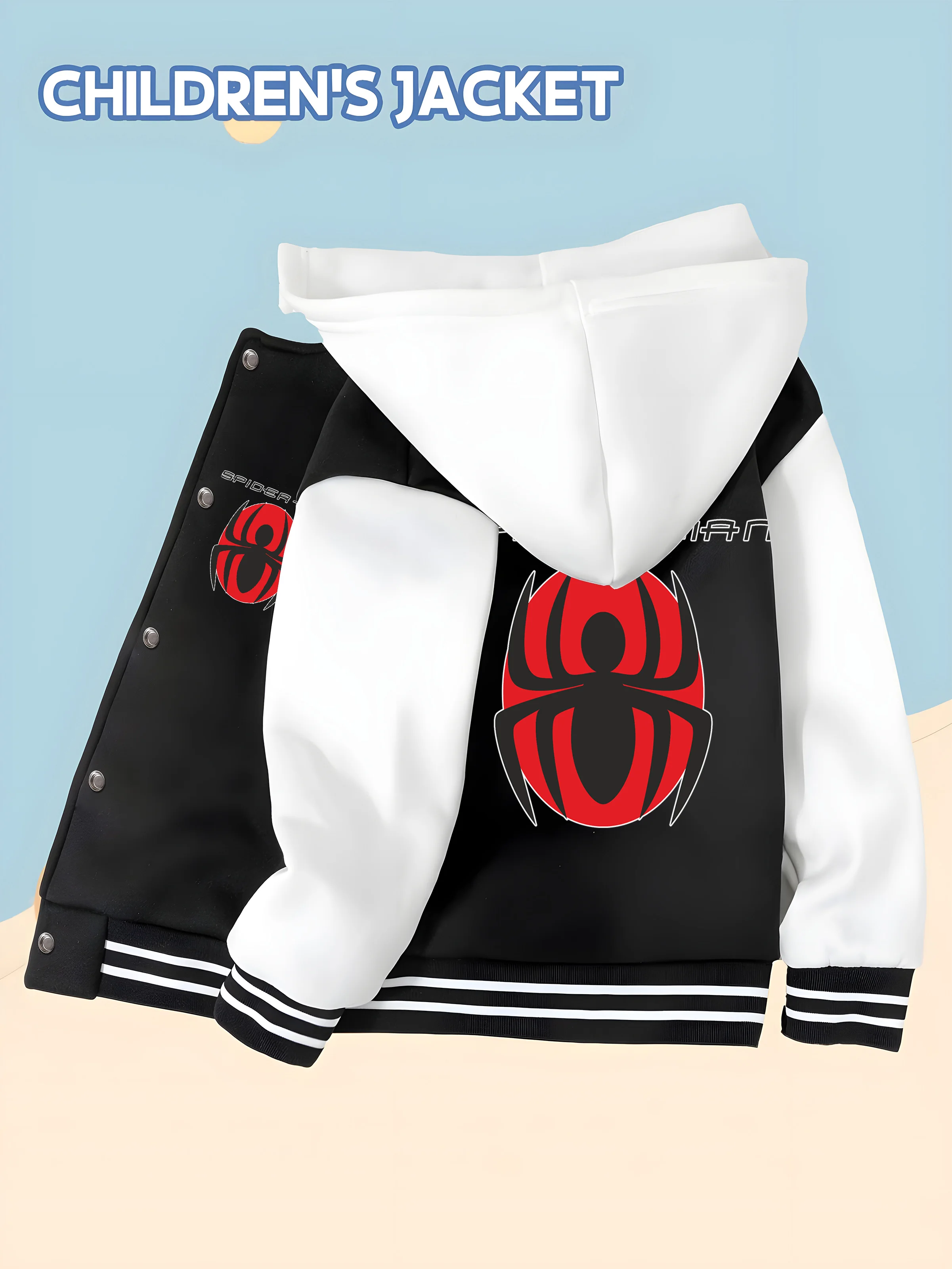 

MINISO Marvel Spider-Man boy's baseball jacket with hero print, hooded baseball style, trendy and childlike comfortable fabric