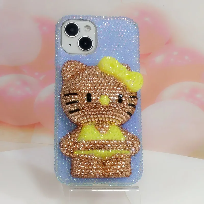 

Kawaii Hello Kitty Mobile Phone Case Sanrio Handmade Diamond for Iphone17 16 15 14 Case Rhinestones Anime Anti-Fall Girls Gift