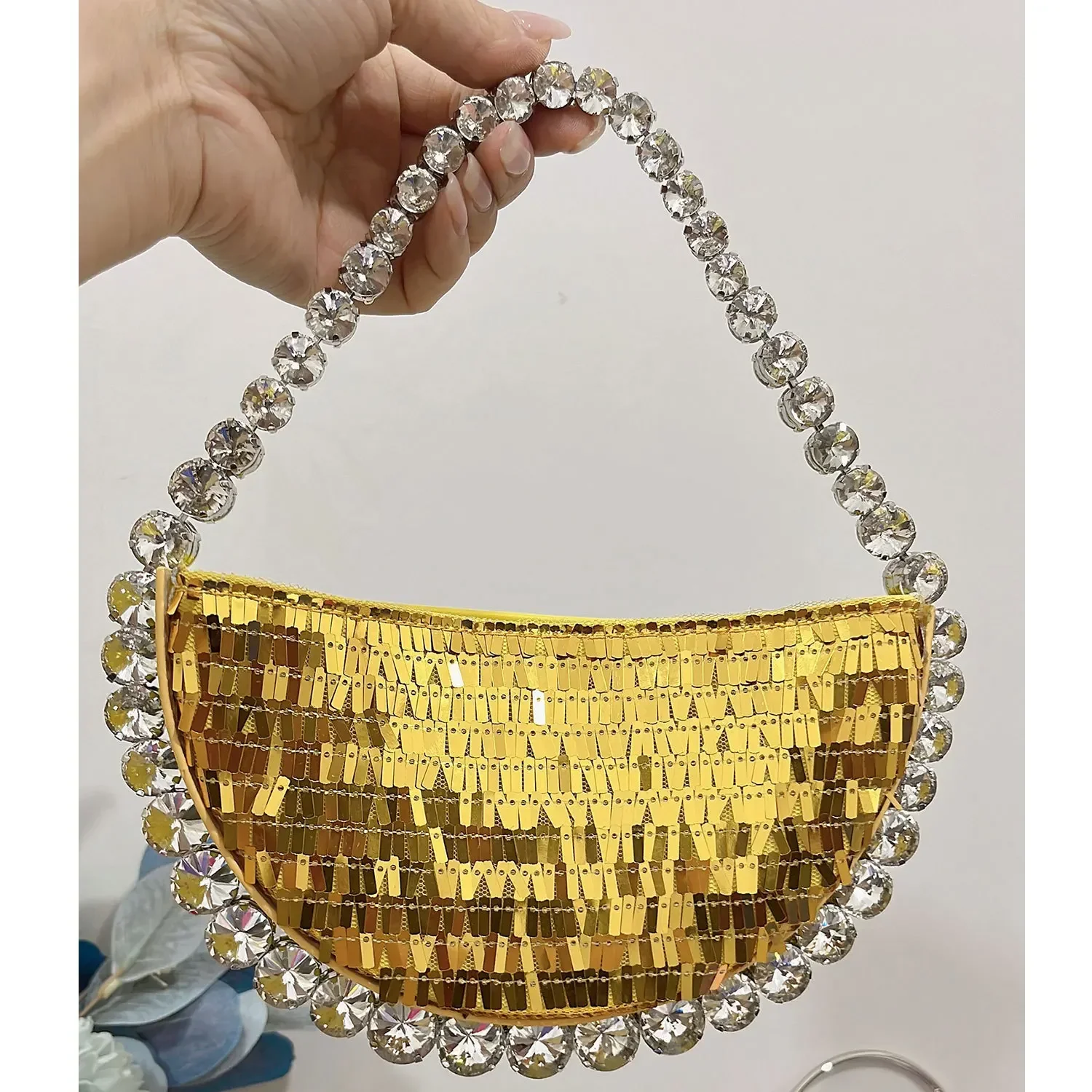 Women Rhinestones Evening pouch tote Bag shining Crystal Party Wedding half moon Bag silver gold black purple wholsale