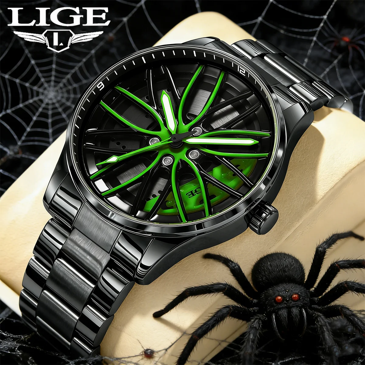 

Мужские кварцевые часы LIGE класса люкс, спортивные, водонепроницаемые, из нержавеющей стали, с люминесцентным циферблатом в виде автомобильных колес, модные, для деловых мужчин.