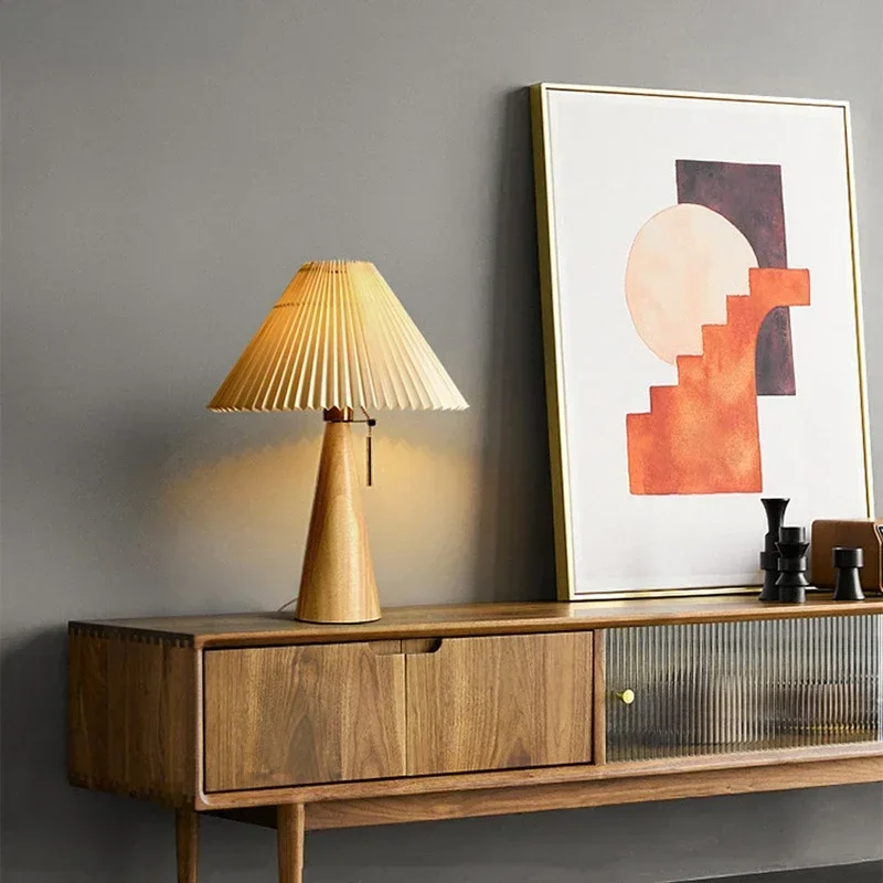 Retro Pleated Table Lamp Nordic Solid Wood Lights Study Reading  For Bedroom Home Decoration Lighting E27 view 5