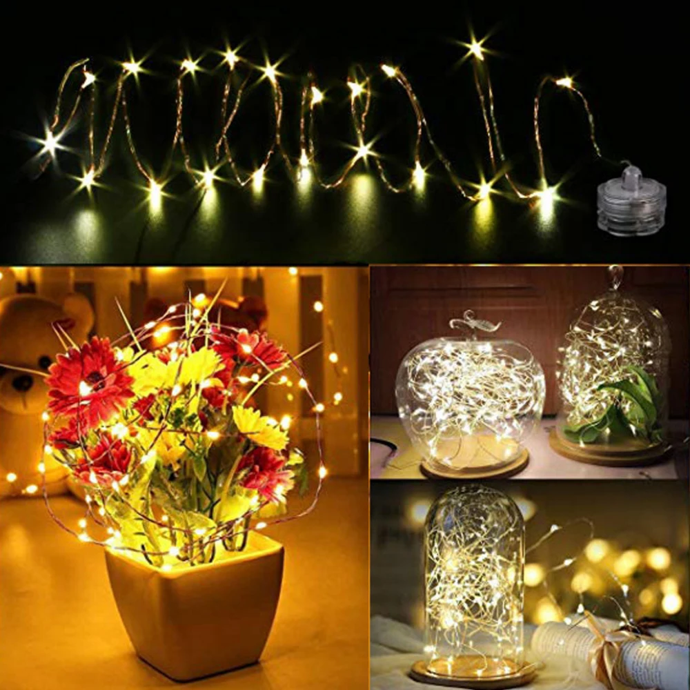 10 20 المصابيح/م البرقوق على شكل شمعة الأسلاك النحاسية الجنية سلسلة ضوء 1 متر 2 متر مقاوم للماء CR2032 بطارية لحفلة عيد الميلاد الزفاف ديكور