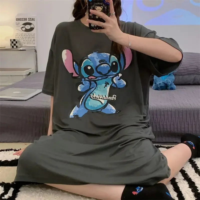 

Disney Stitch Nightdress Girls Loose T-Shirt Short Sleeve Cartoon Cute Midi Crew Neck Pajama Dress