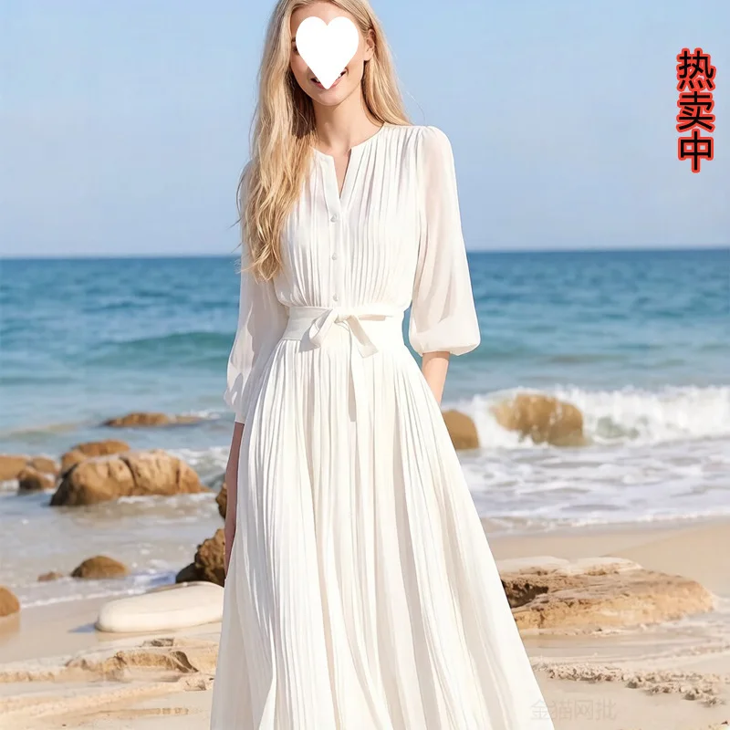 2026 Summer New Hepburn Style Chiffon Long Dress Luxury Elegant White Maxi Dress High Grade Seaside Vacation Waist Casual Party